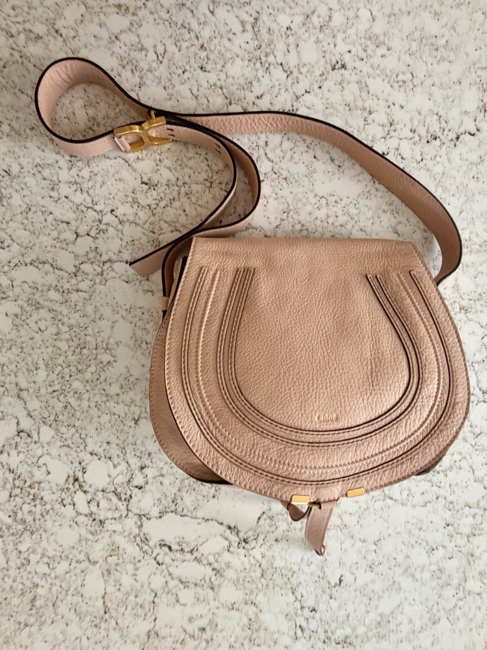 Chloe Blush Pink Pebbled Leather Marcie Medium Saddle Crossbody
